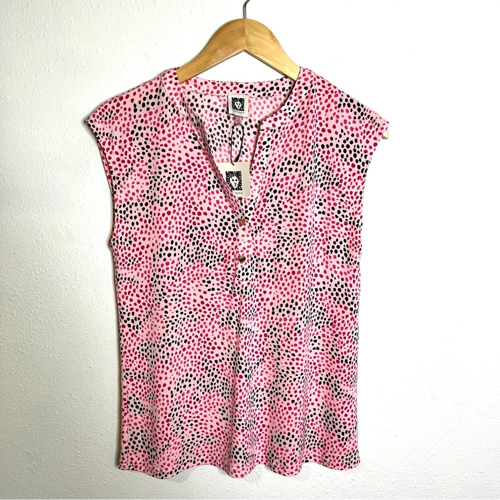 NWT Barbiecore Anne Klein bubblegum Pink Black Dotted Blouse top S office girly